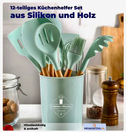 12-teiliges Silikon-Küchenutensilien-Set mit Holzgriff – hitzebeständig & antihaft