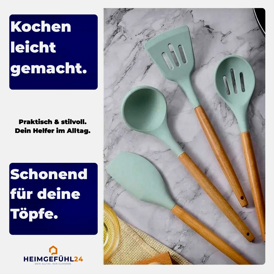 12-teiliges Silikon-Küchenutensilien-Set mit Holzgriff – hitzebeständig & antihaft
