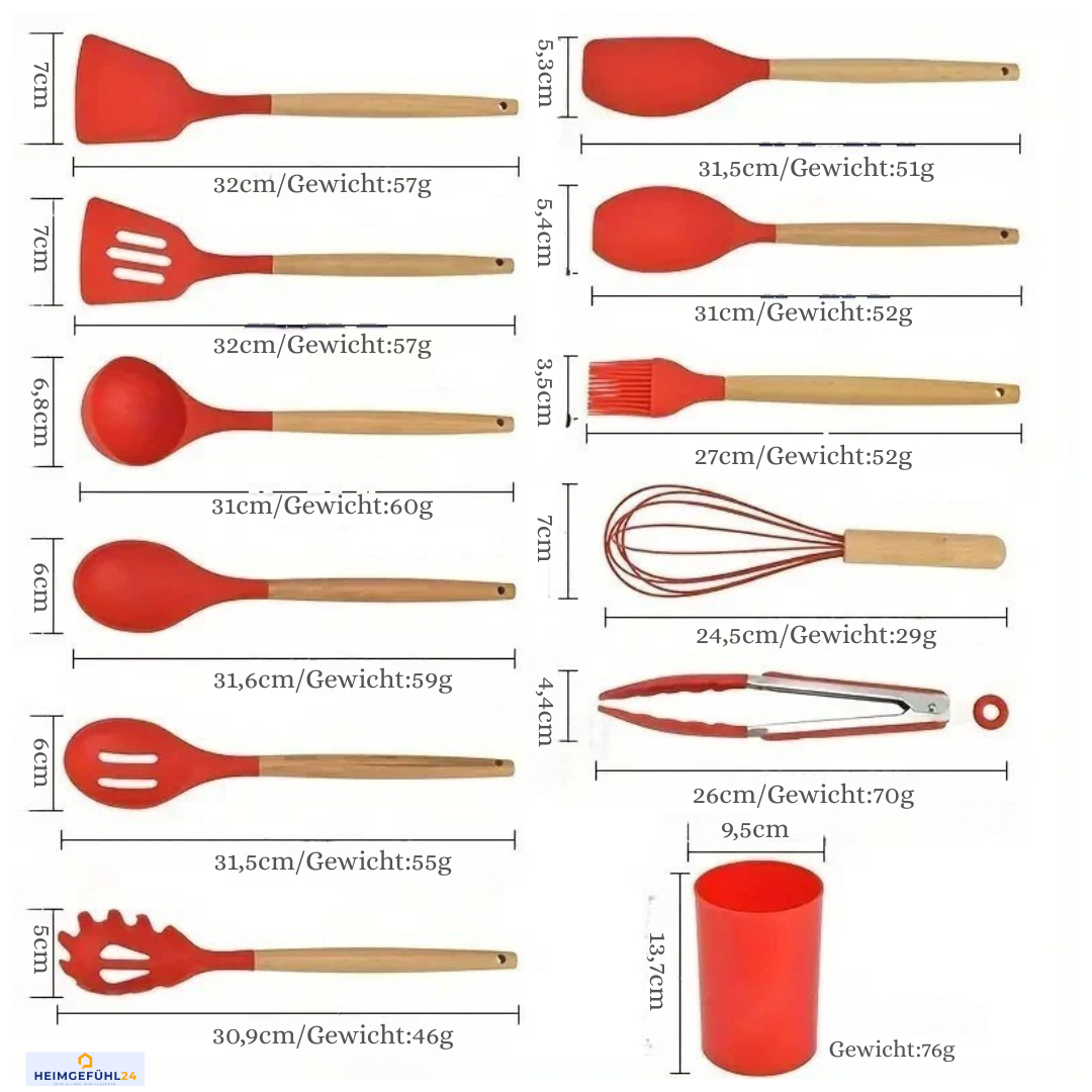 12-teiliges Silikon-Küchenutensilien-Set mit Holzgriff – hitzebeständig & antihaft