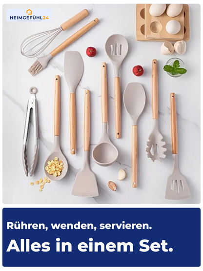 12-teiliges Silikon-Küchenutensilien-Set mit Holzgriff – hitzebeständig & antihaft